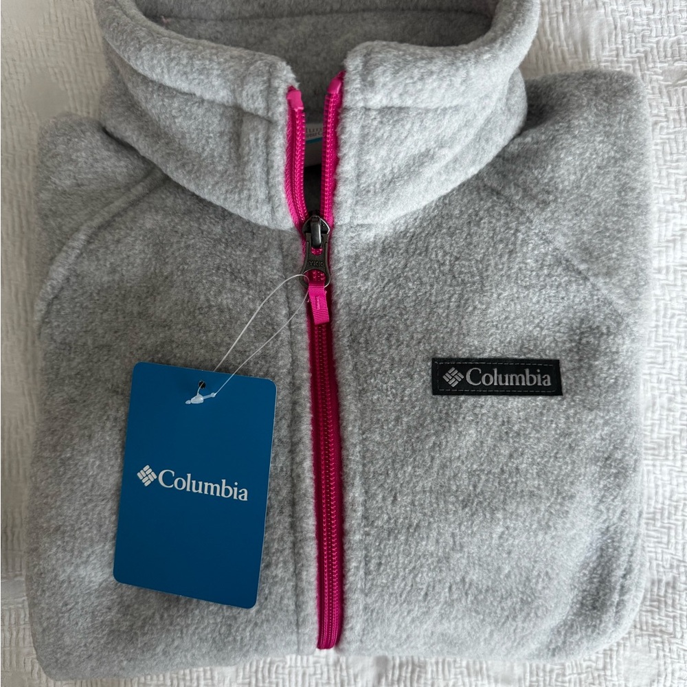 Columbia Kids Light Gray Fleece Jacket with Bright Pink Zipper